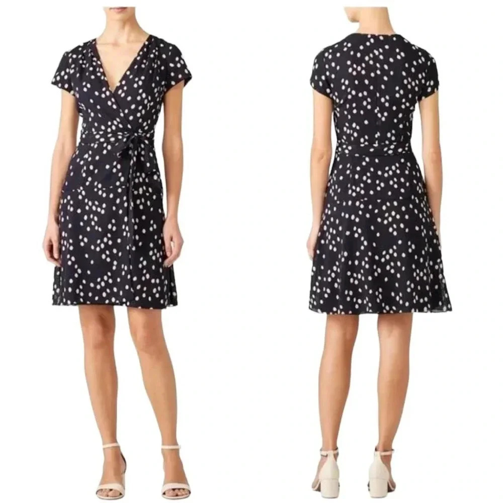 Slate & Willow Wrap Dotted Dress V-neck Navy Blue Mini Belted Size 16 RTR